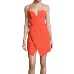 CAMEO Strapless Bright Coral Strapless Faux Wrap Asymmetrical Mini Dress